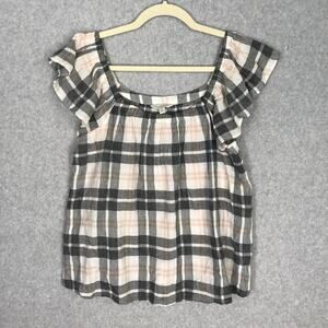 Lucky Brand Top Womens Medium Gray Blouse Tank Plaid Ruffle Flowy Rodeo Cowgirl